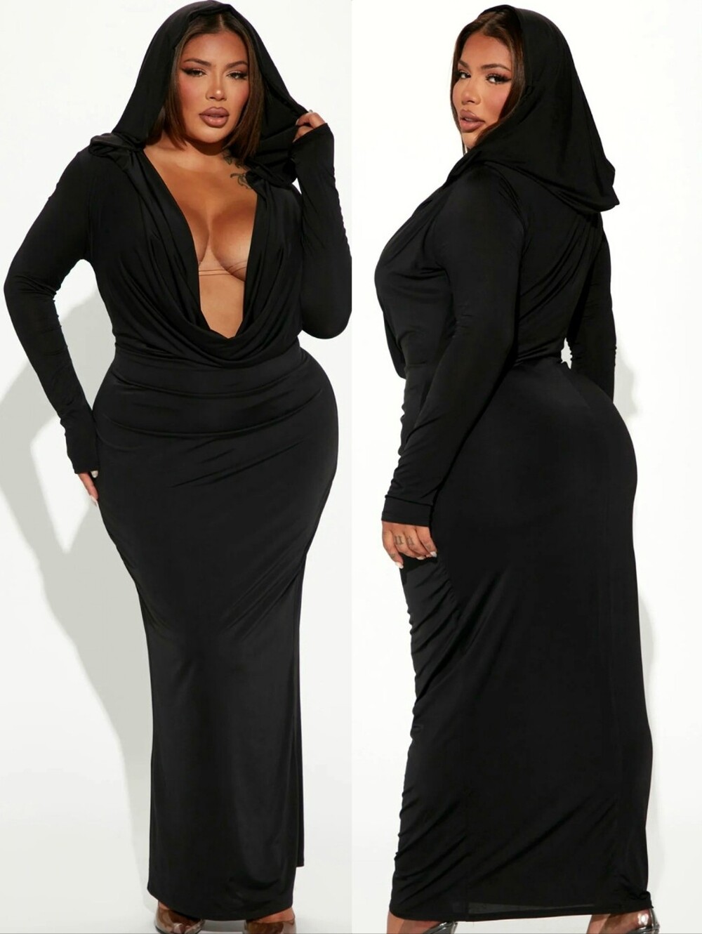 Fashion Nova deep down hooded maxi dress sexy blk morticia Addams vibe 1X NWT - Picture 3 of 17